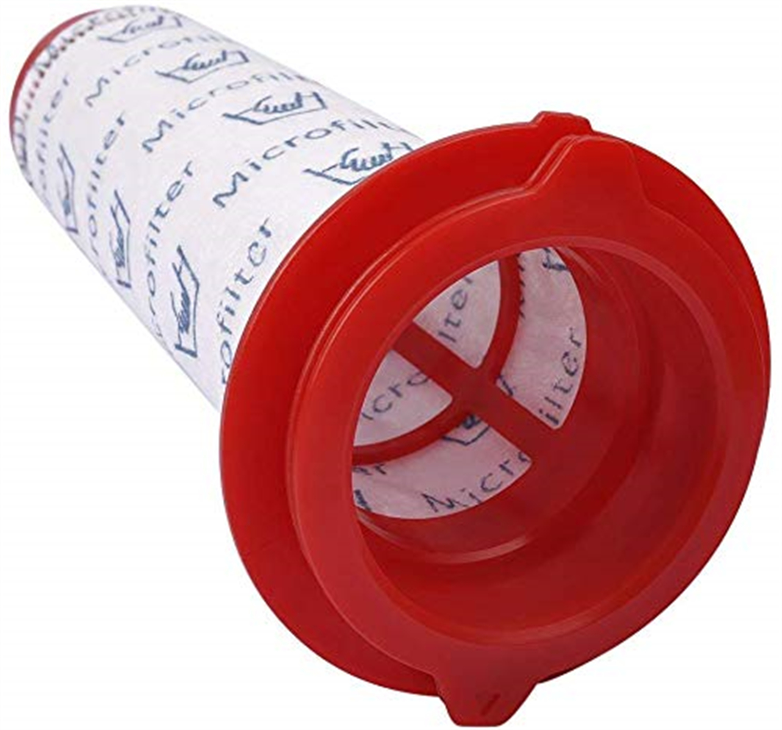 Zylindrischer weiß-blauer Filter mit roten Rändern. Der Filter hat einen Microfilter-Text.