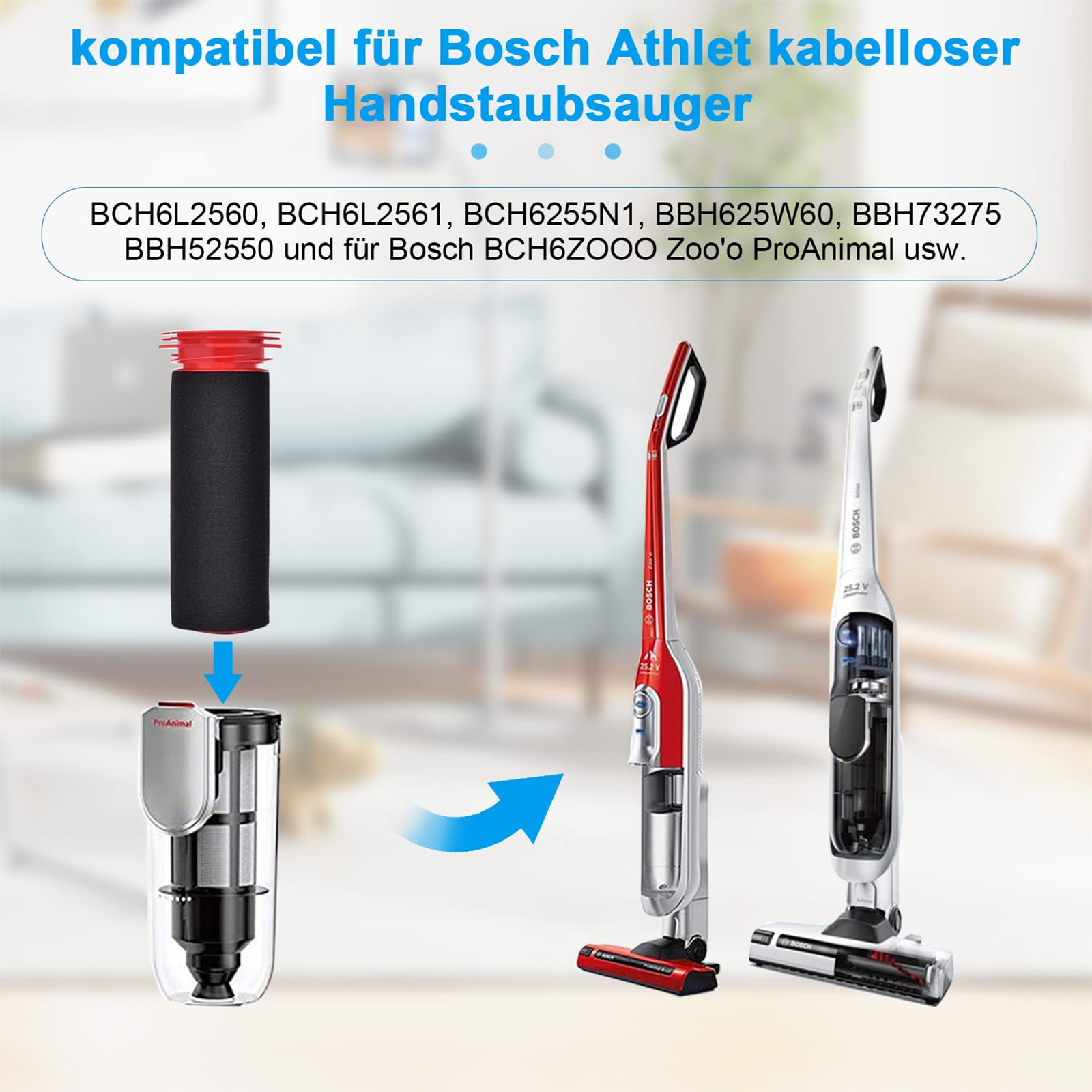 Bild zeigt kabellose Staubsauger und zugehörige Filter und Teile.