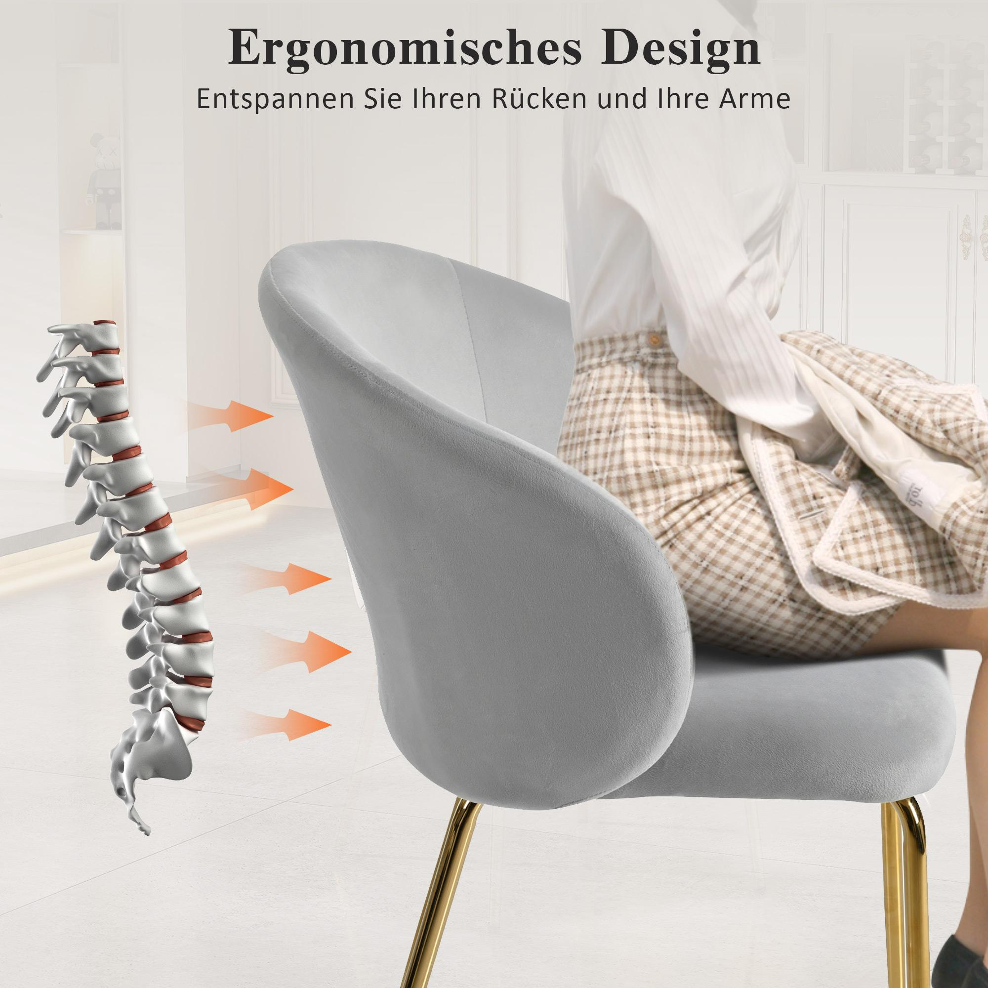 Grauer Stuhl mit goldenen Beinen. Eine Wirbelsäulengrafik und Text über ergonomisches Design.