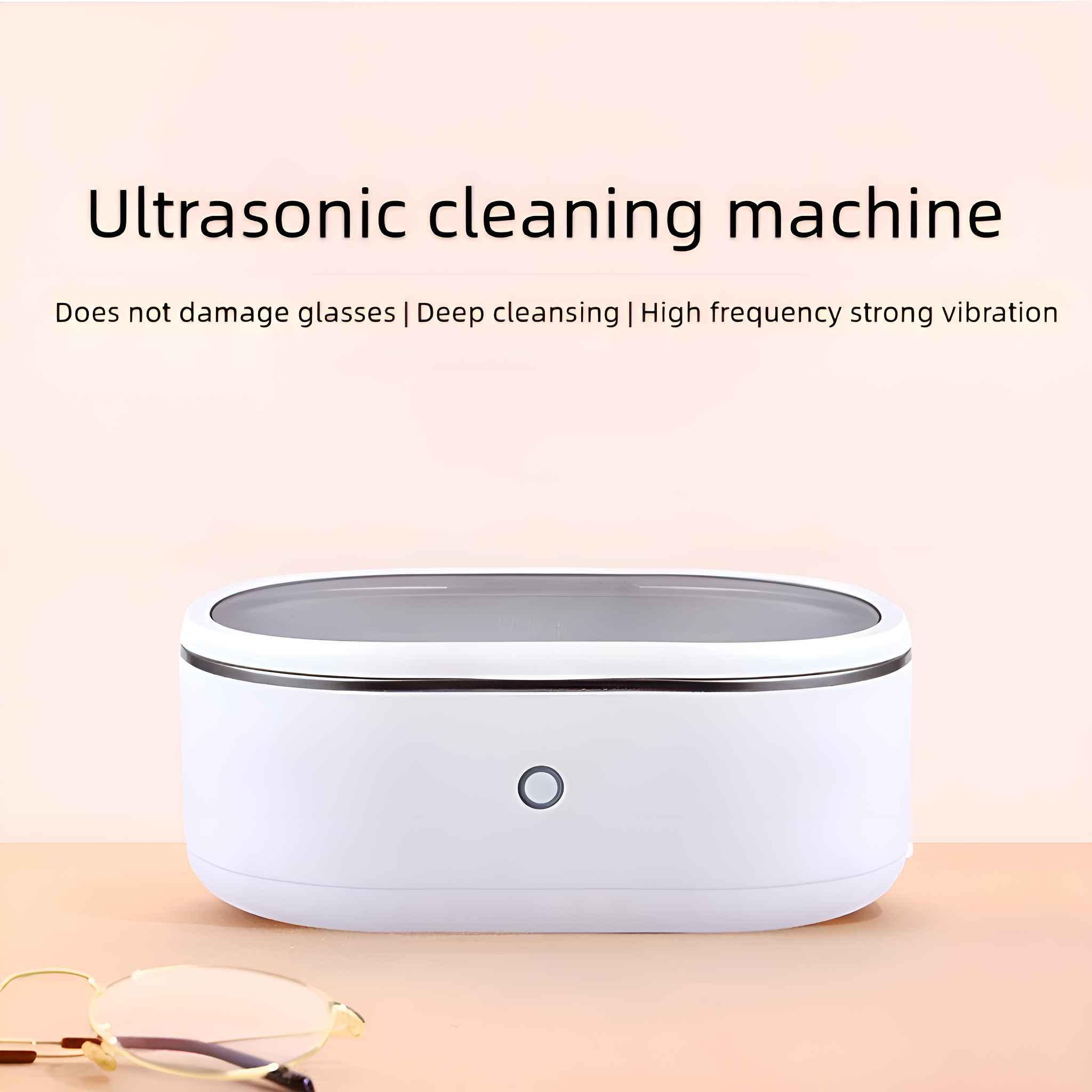Ein Ultraschall-Reinigungsgerät mit Text, einer Brille und einem weißen Hintergrund.