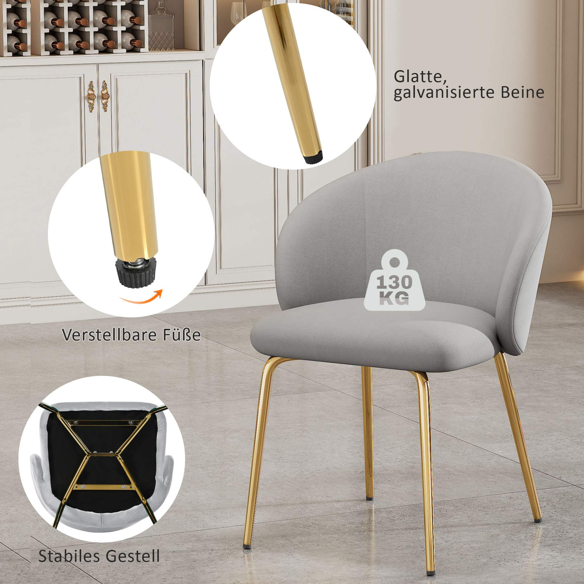 Grauer Stuhl auf goldenen Beinen, mit Details der Stuhlbeine und einer Tragfähigkeit von 130 kg.