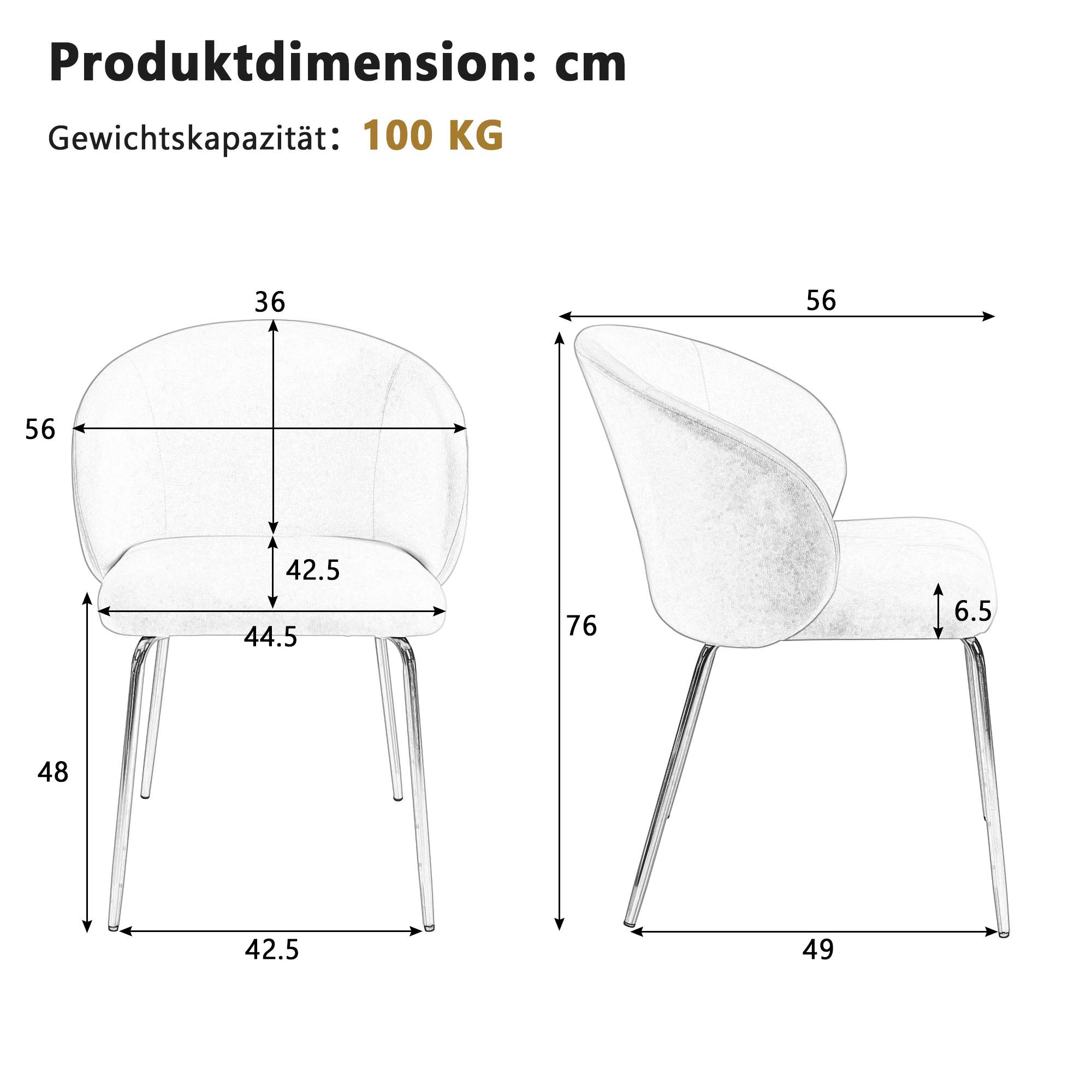 Eine Zeichnung, die einen grauen Stuhl mit Abmessungen in cm zeigt. Die Stuhlabmessungen sind beschriftet.