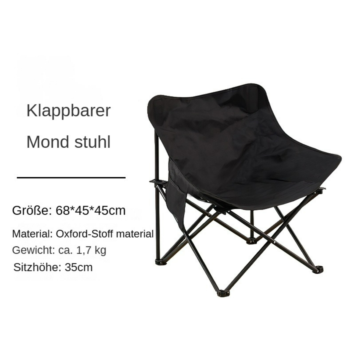 Ein schwarzer Klapp-Campingstuhl auf weißem Hintergrund mit deutschem Text.
