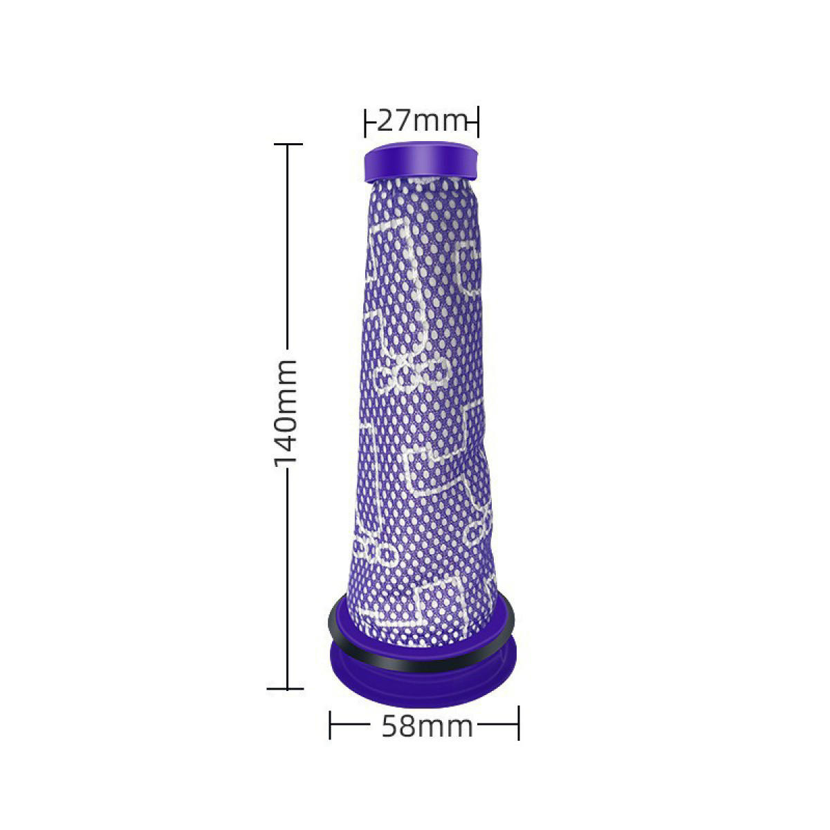 Filtro per aspirapolvere viola con dimensioni su sfondo bianco.