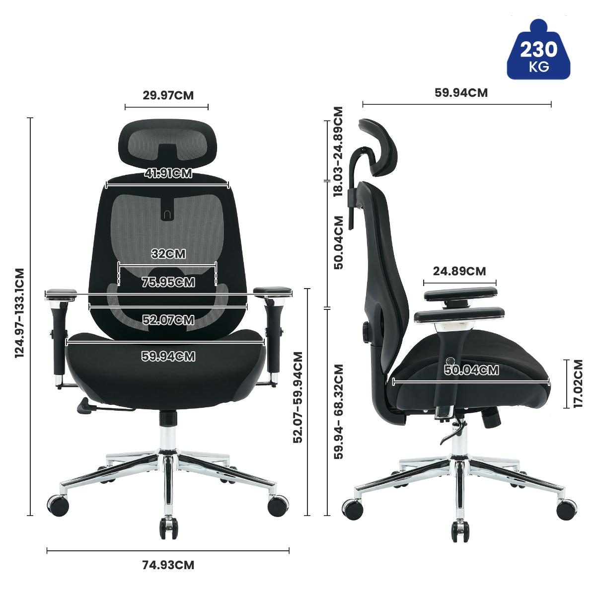 Bild mit Maßen eines schwarzen ergonomischen Bürostuhls mit silbernem Gestell.