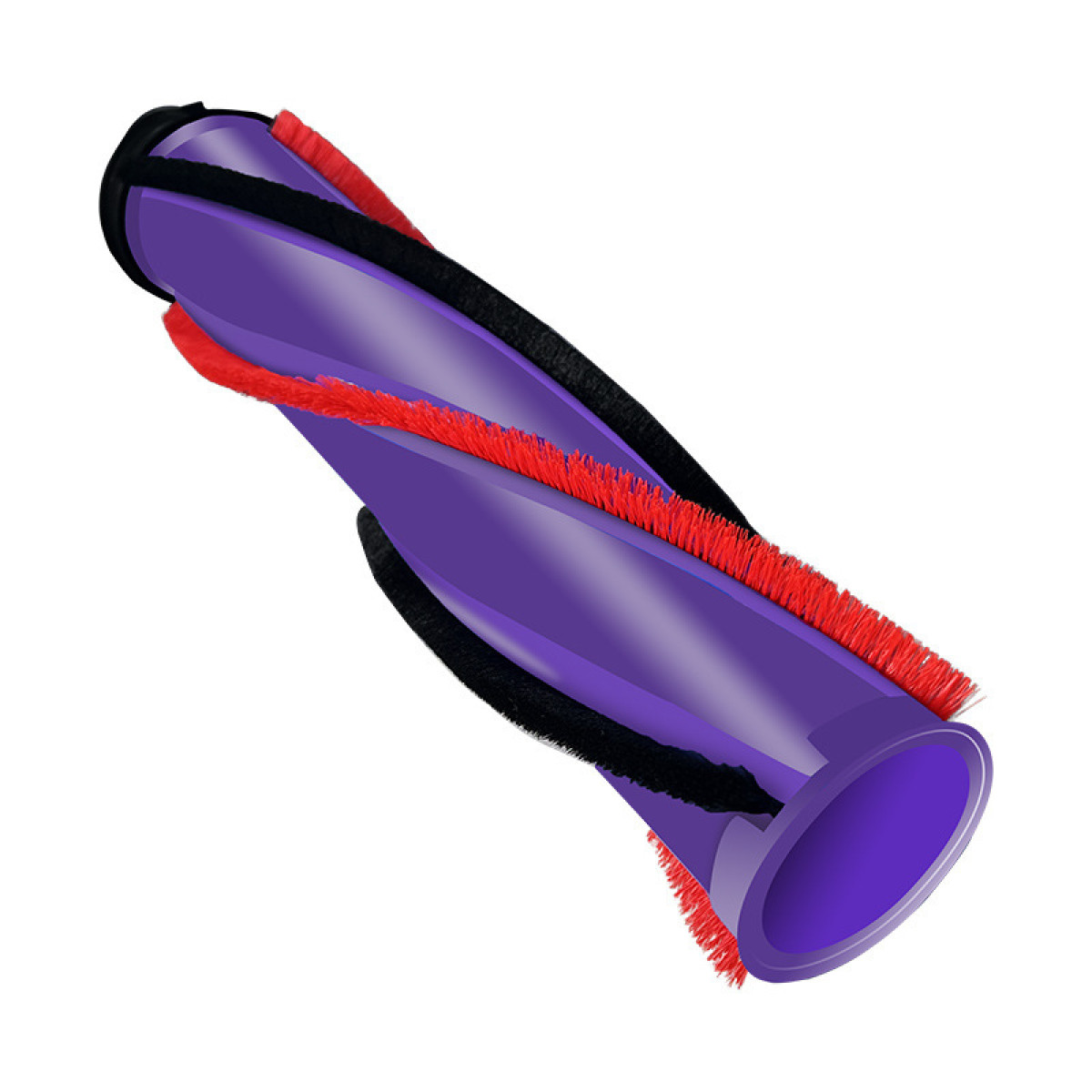 Una spazzola a rullo viola per aspirapolvere con setole rosse e nere isolata su sfondo bianco.