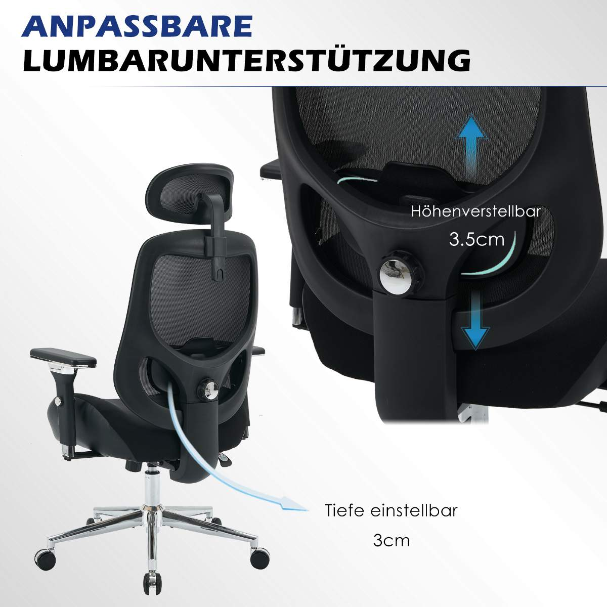 Ein Bürostuhl mit verstellbarer Lordosenstütze. Die Lordosenstütze ist 3 cm nach oben und unten verstellbar.