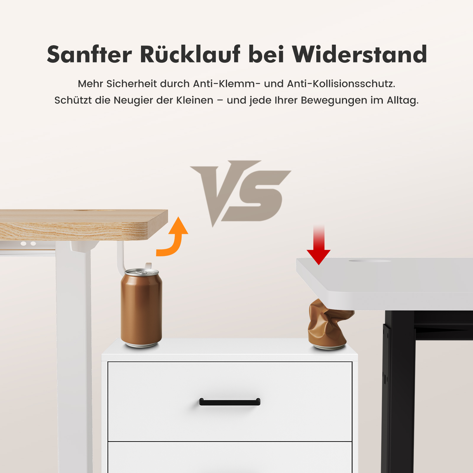 Das Bild zeigt einen Tisch mit einer Dose und einer zerdrückten Dose. Der Text sagt: Einklemmschutz und Kollisionsschutz.