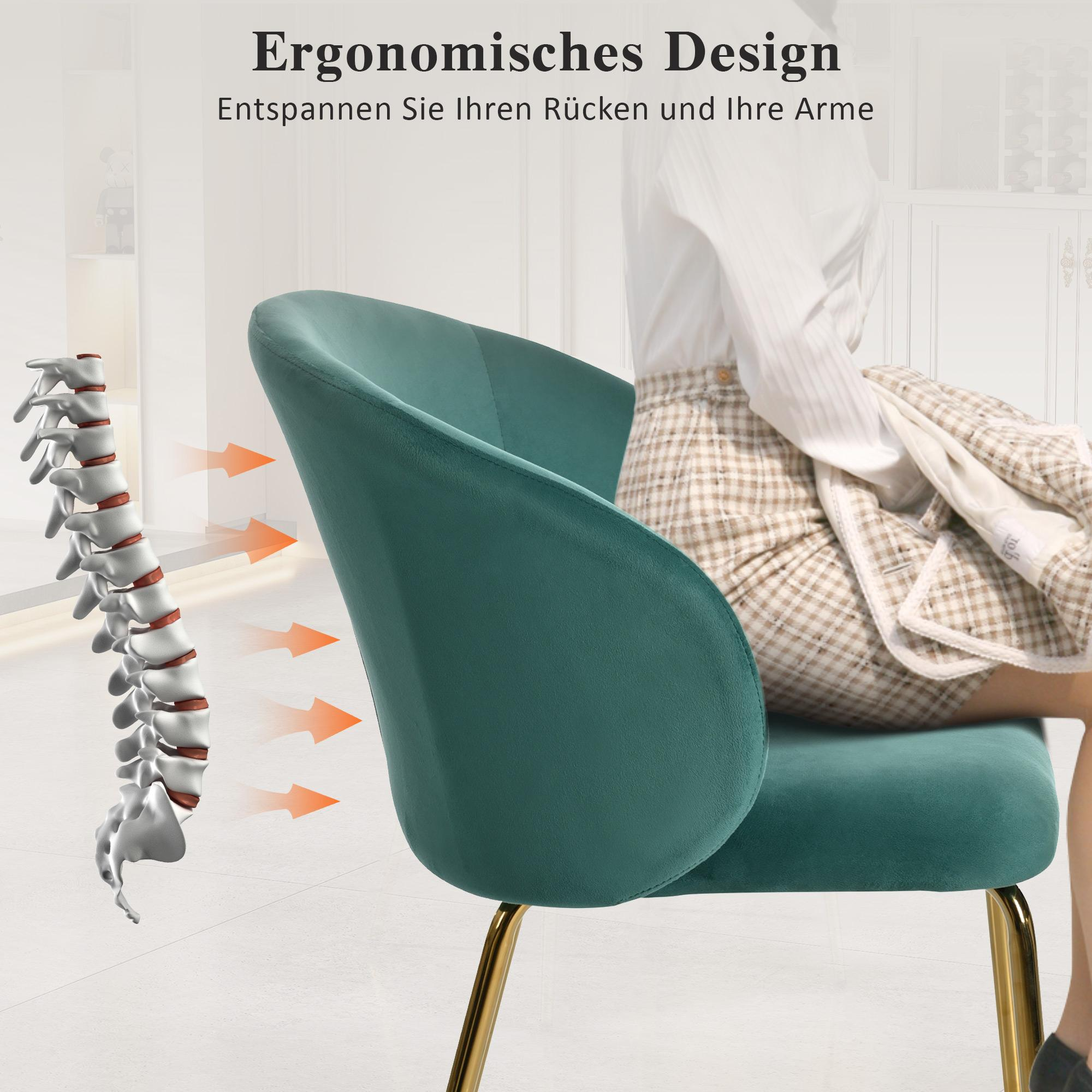 Eine Frau sitzt in einem grünen Stuhl, mit Text über ergonomisches Design.
