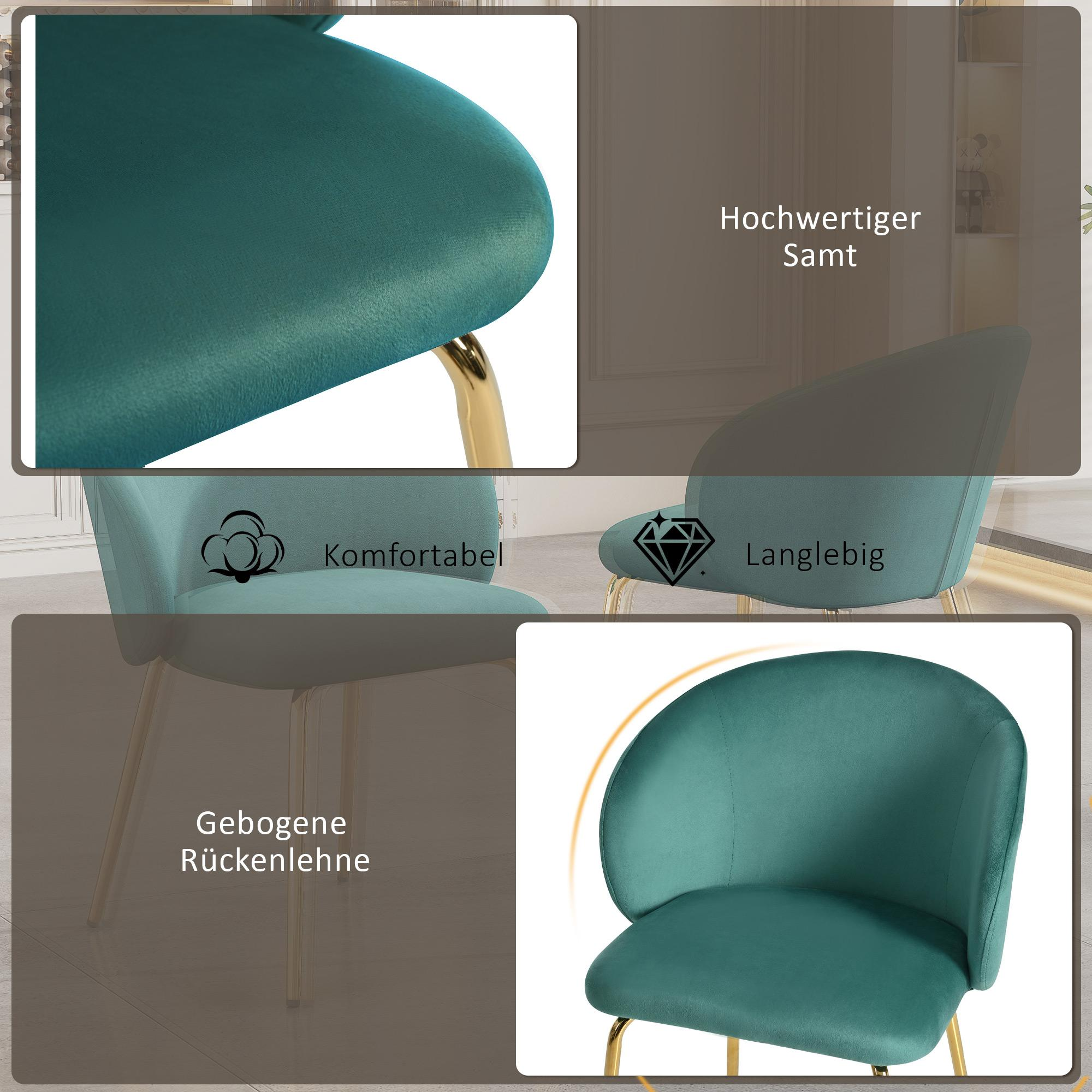 Nahaufnahme von teal Stuhldetails mit goldenen Beinen, Text-Overlay.
