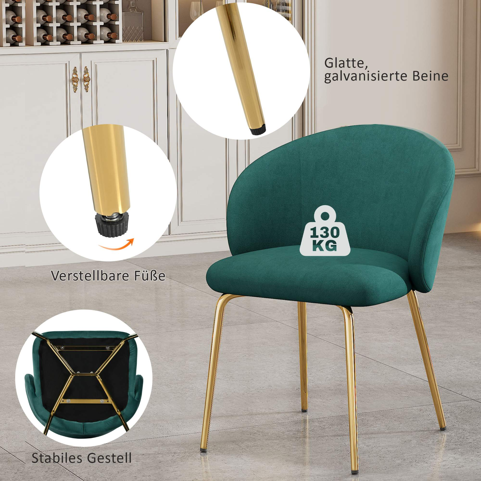 Stuhl mit teal Sitz, goldenen Beinen und einer Tragfähigkeit von 130 kg, Text-Overlay.