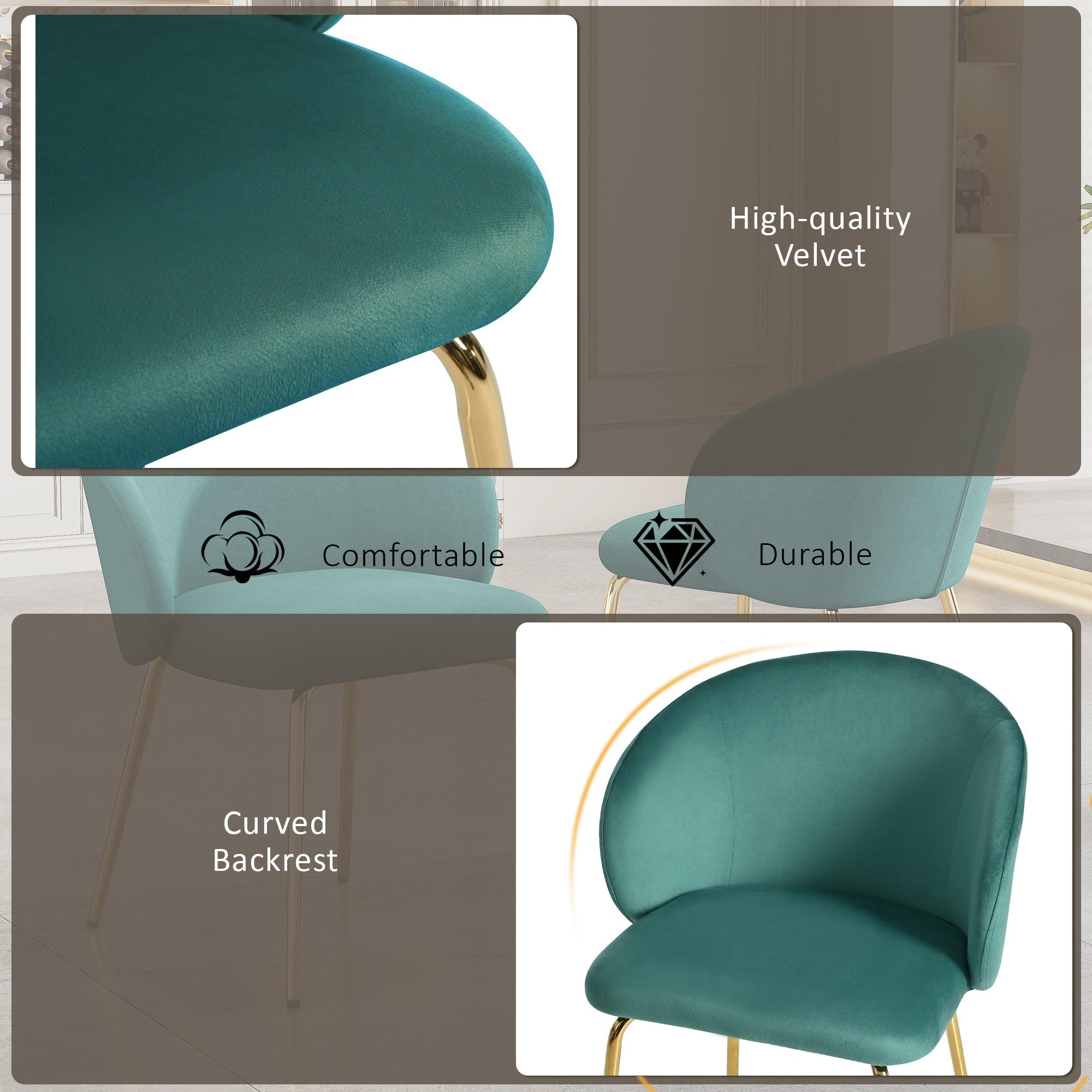 Nahaufnahme von Stuhldetails: teal Rückenlehne und goldene Beine, Text-Overlay.