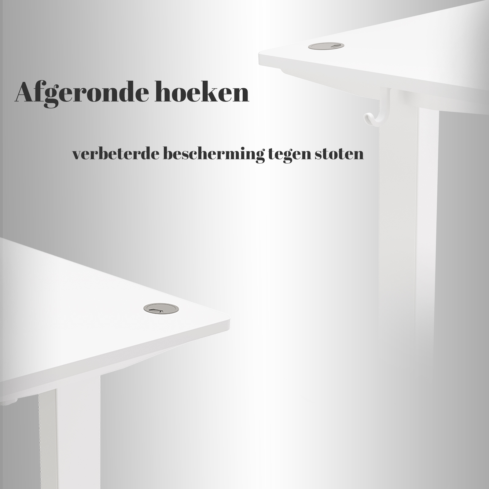 Weiße Schreibtischecken, mit Text, der abgerundete Kanten für verbesserten Schutz angibt.