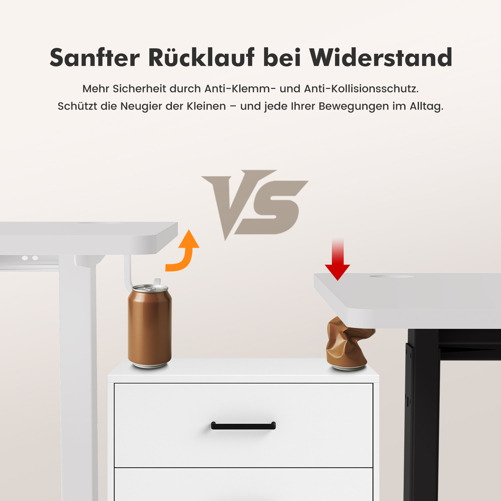 Bild, das die Schreibtischsicherheit vergleicht. Eine Dose lässt den Schreibtisch sanft einfahren.