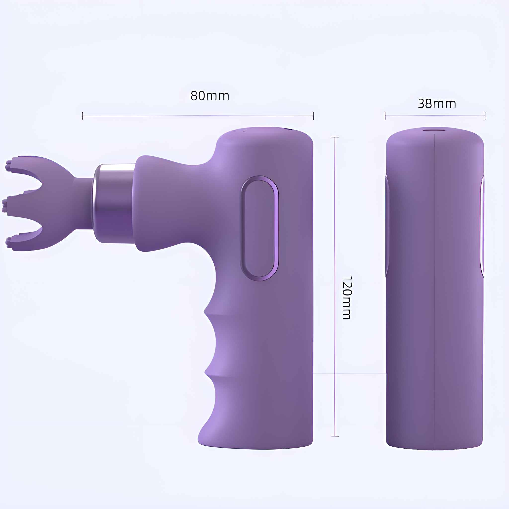 Abmessungen einer violetten Massagepistole. Sie ist 120 mm lang und 80 mm breit.