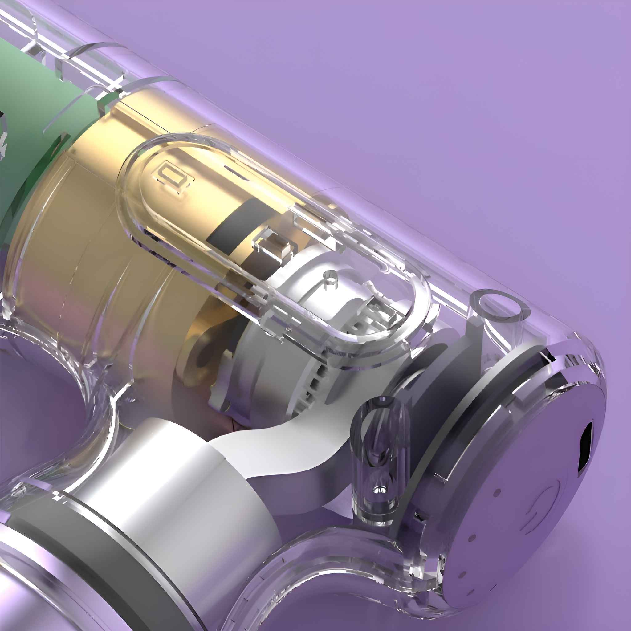 Nahaufnahme des Innenmechanismus einer violetten Massagepistole. Transparente Kunststoffhülle.