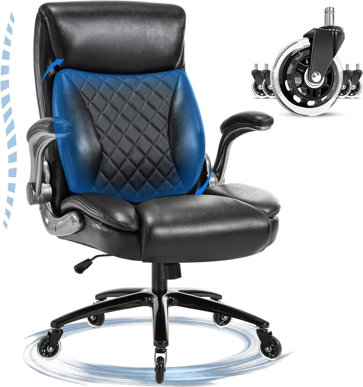 Schwarzer Leder-Bürostuhl mit blauem Lordosenstützkissen und zusätzlichen Rollen.