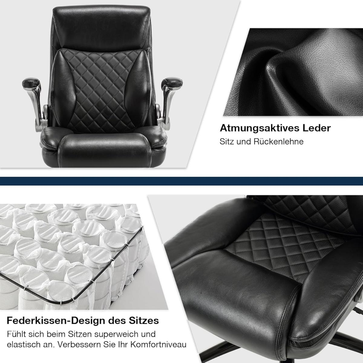 Schwarzer Bürostuhl mit rautenförmig gesteppter Rückenlehne und Sitz. Insets zeigen atmungsaktives Leder und Federkissen-Design.
