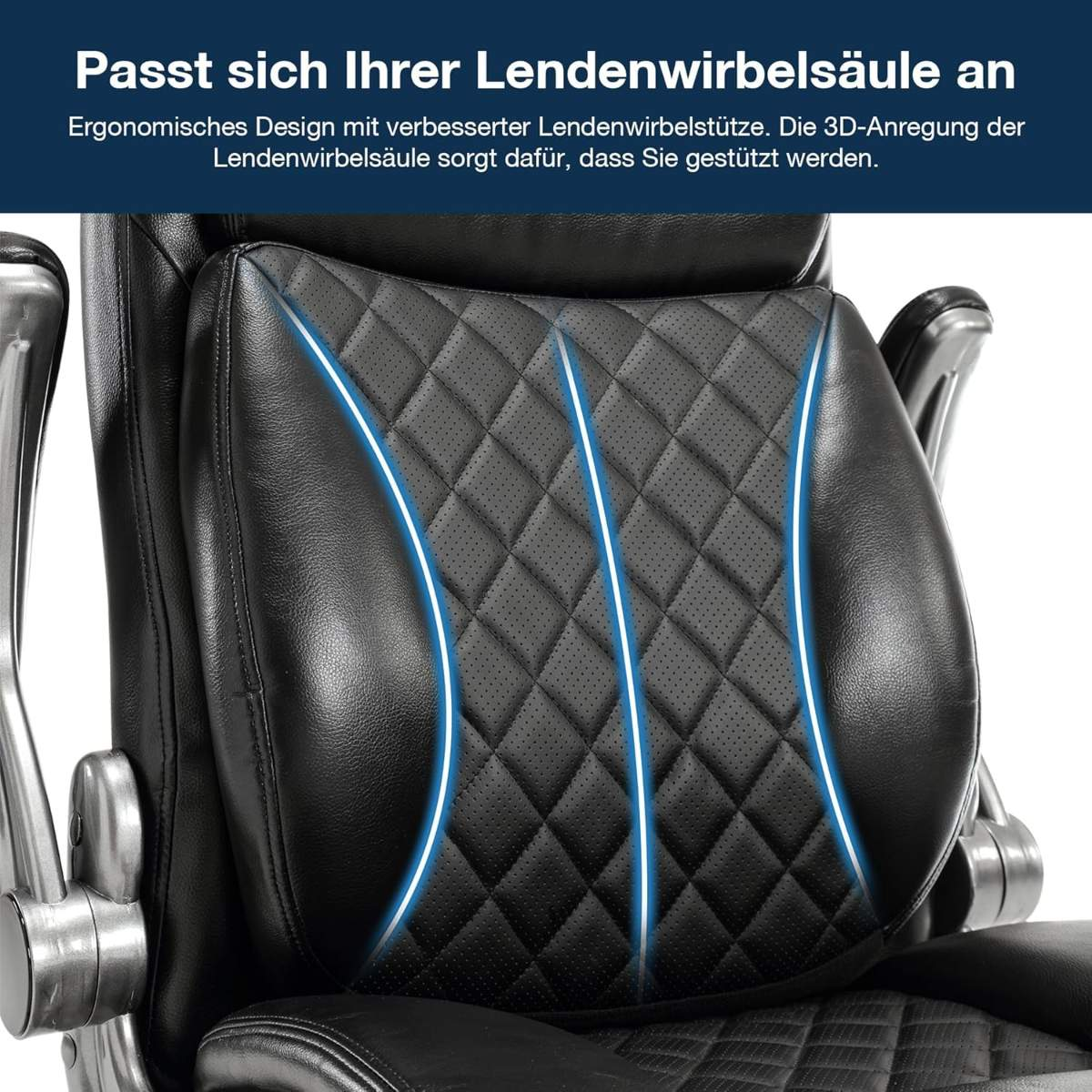 Nahaufnahme einer schwarzen Lederstuhl-Rückseite mit Diamantsteppung. Blaue Linien heben den Lendenwirbelstützbereich hervor.