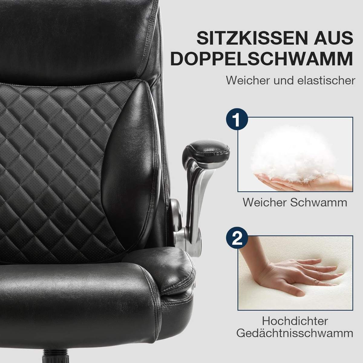 Schwarzer Bürostuhl mit rautenförmig gesteppter Rückenlehne und Sitz. Insets zeigen weichen Schwamm und hochdichten Memory-Schaum.