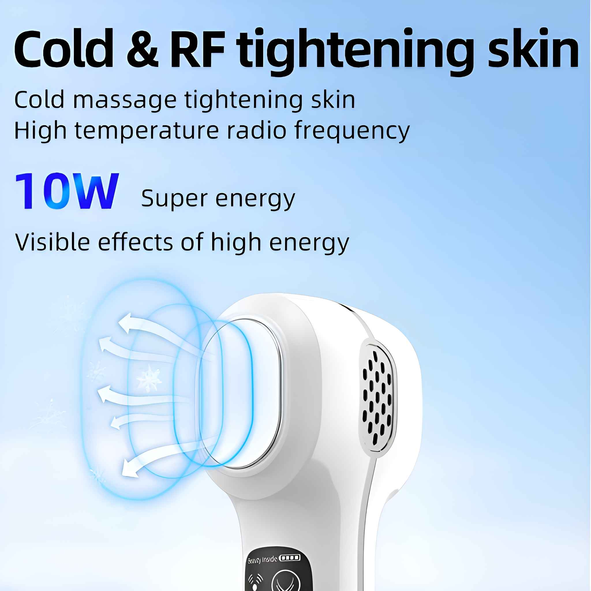 Ein weißes Schönheitsgerät mit Text über Hautstraffung durch Kälte und RF, mit Pfeilen und Display. Blauer Lichteffekt.