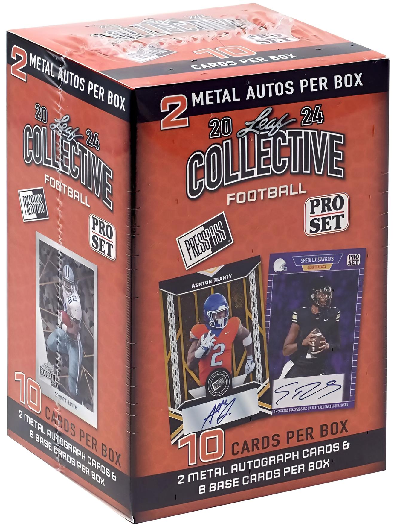 Eine Schachtel mit Football-Karten. Sie trägt die Aufschrift '20 Leaf Collective Football' und Kartenbilder.