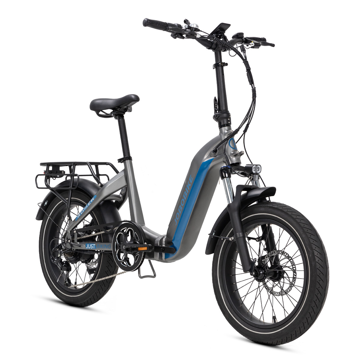 Una bicicleta eléctrica plegable Jobobike gris y azul, con neumáticos negros, portaequipajes negro y luz frontal.