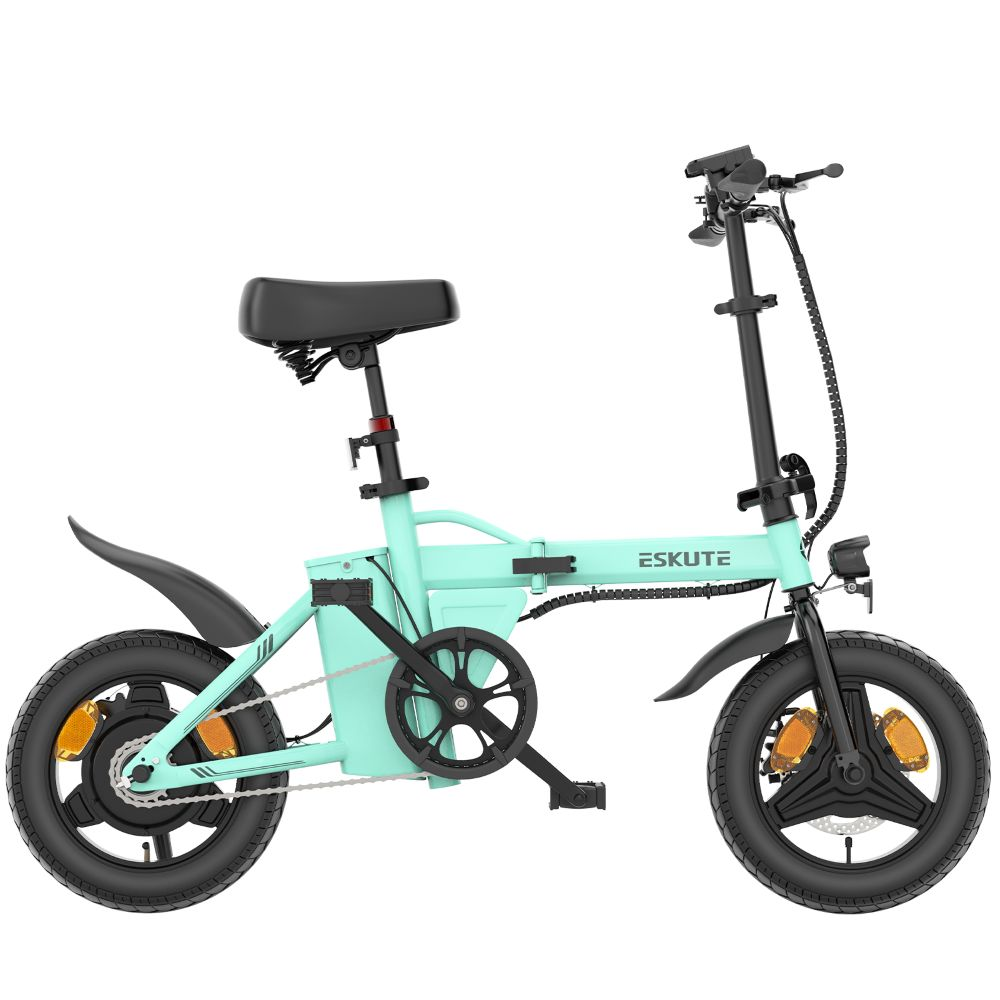 Bicicleta plegable aguamarina con componentes negros. Llantas y asiento negros. Fondo blanco.