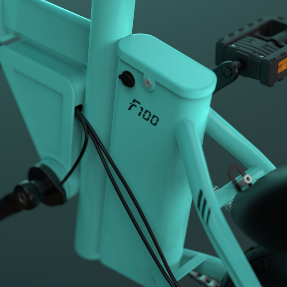 Primer plano del cuadro de la e-bike F100, mostrando el compartimento de la batería y su marca.