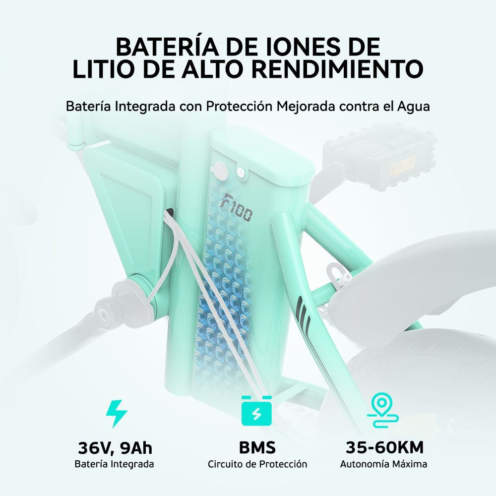 Primer plano de una e-bike, mostrando especificaciones de la batería con gráfico, 36V, 9Ah y 35-60KM.