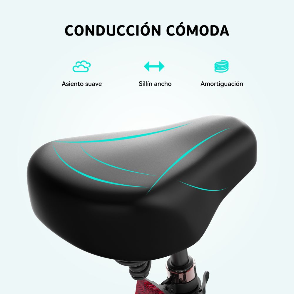 Primer plano de un asiento de bicicleta negro con iconos de confort. El fondo es azul claro.