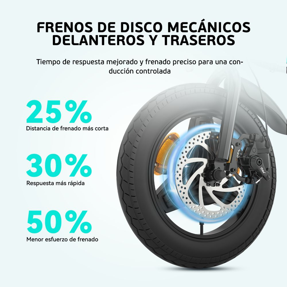 Rueda delantera de e-bike con freno de disco, mostrando mejoras de rendimiento: menor distancia de frenado, respuesta rápida.