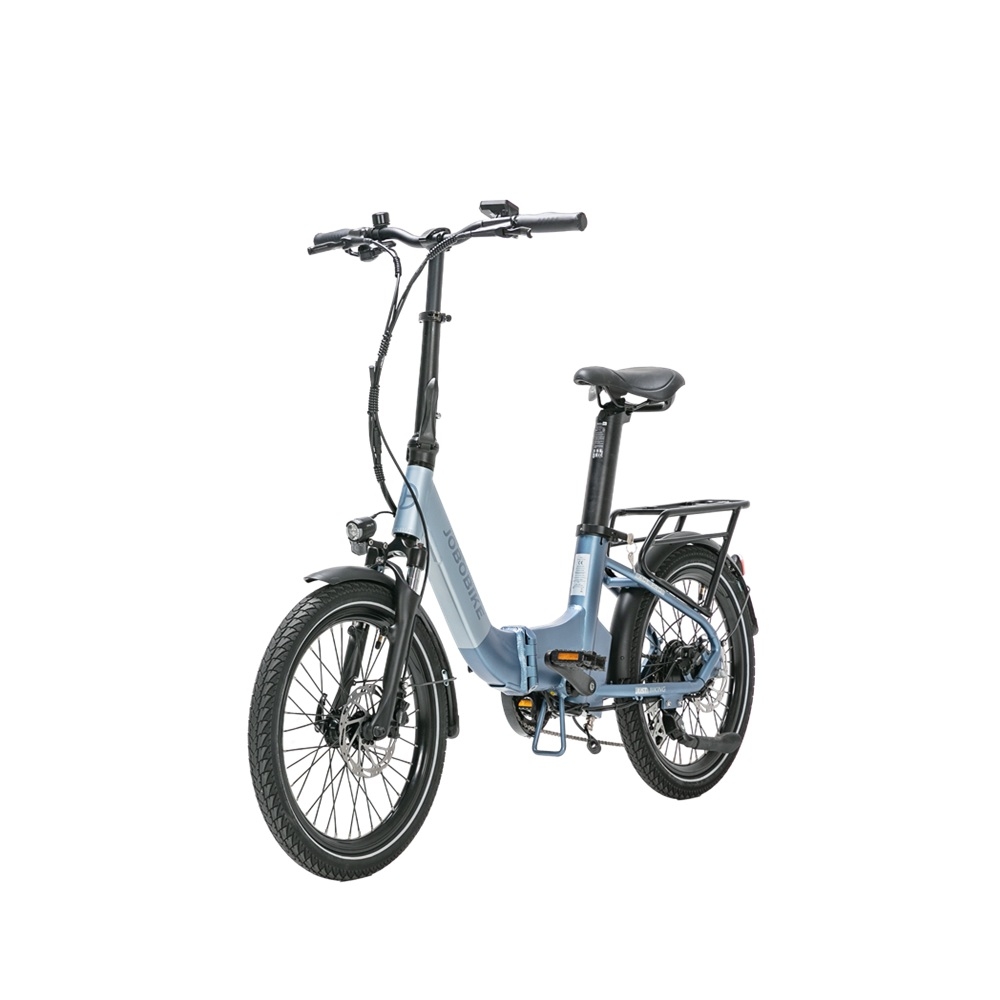 Bicicletta pieghevole blu. Pneumatici, sella e componenti neri. Sfondo bianco. Manubrio su.