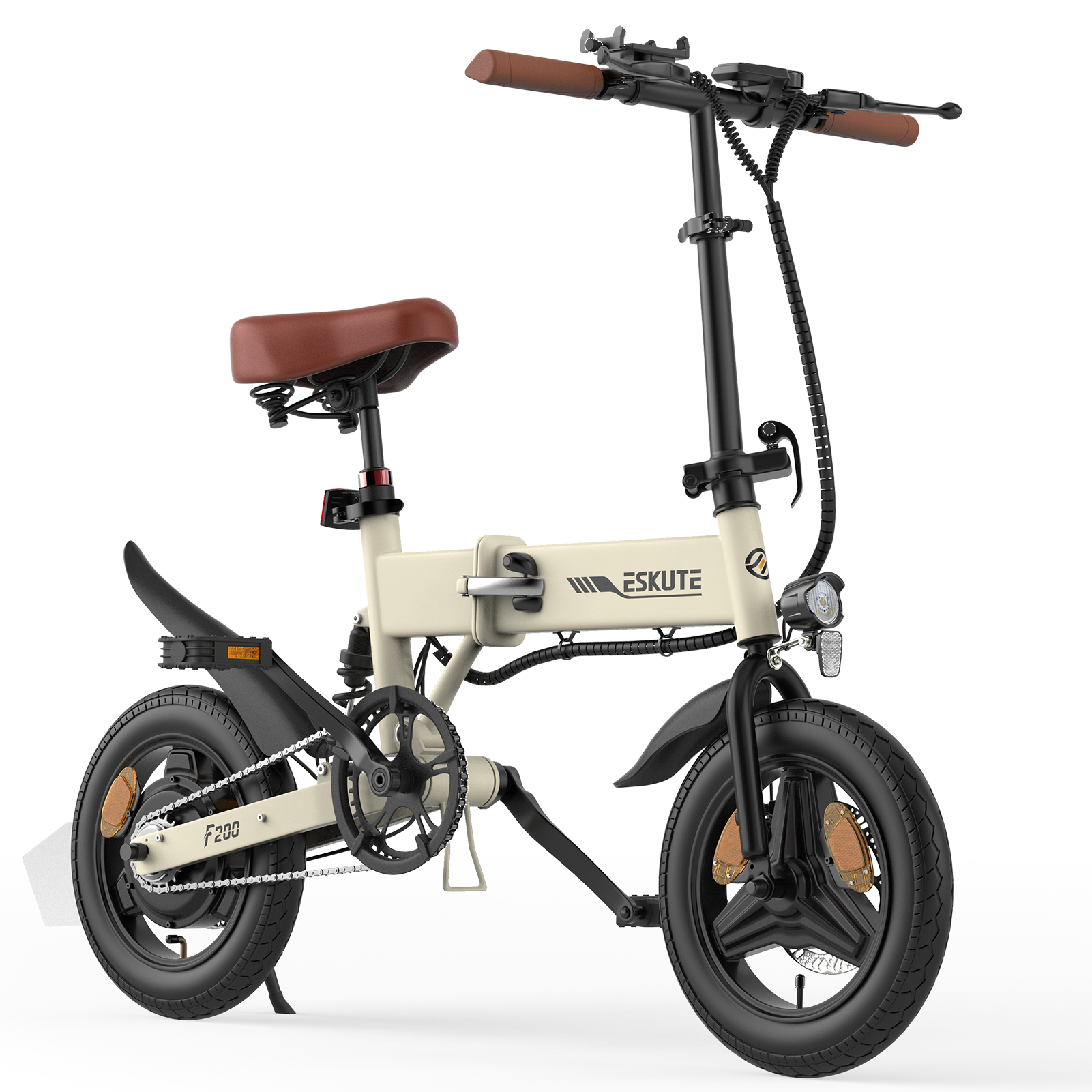 E-bike pieghevole bianco sporco con sella marrone, telaio e pneumatici neri. Il logo Eskute è visibile.