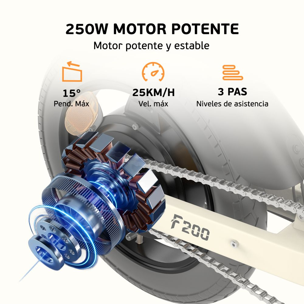 Diagramma delle caratteristiche della bici elettrica: motore 250W, velocità max 25km/h, pendenza max 15 gradi, 3 livelli di assistenza. Sfondo bianco.