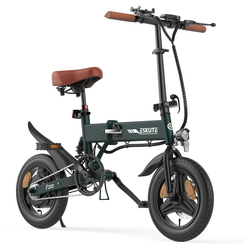 Bicicletta elettrica pieghevole verde con sella e manubrio marroni. Ruote e componenti neri, sfondo bianco.