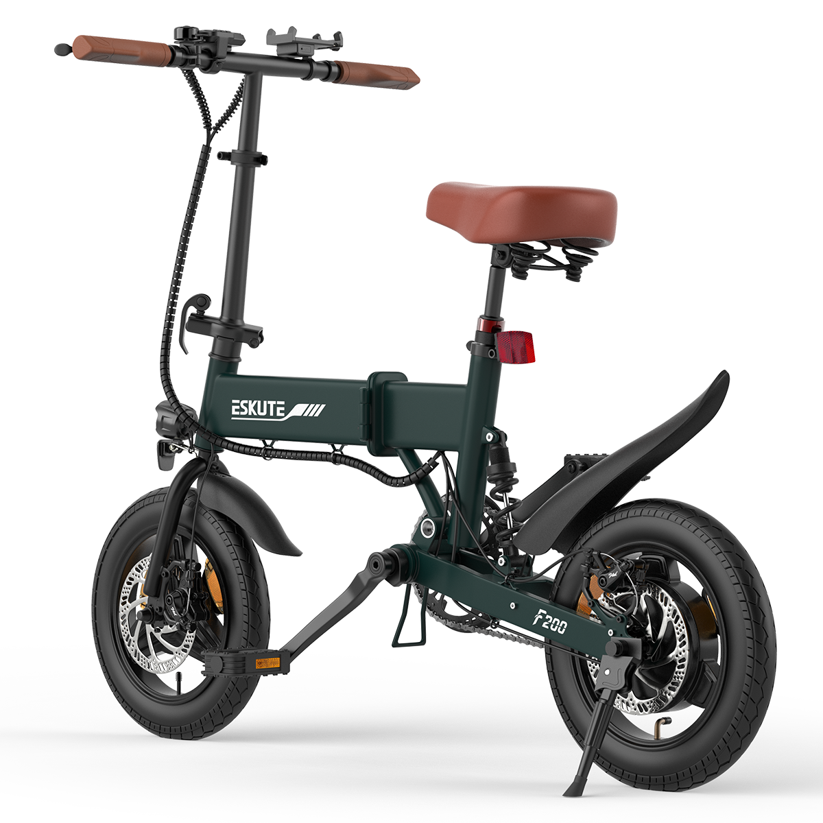 E-bike pieghevole verde scuro con sella marrone, pneumatici e telaio neri. Logo Eskute visibile.