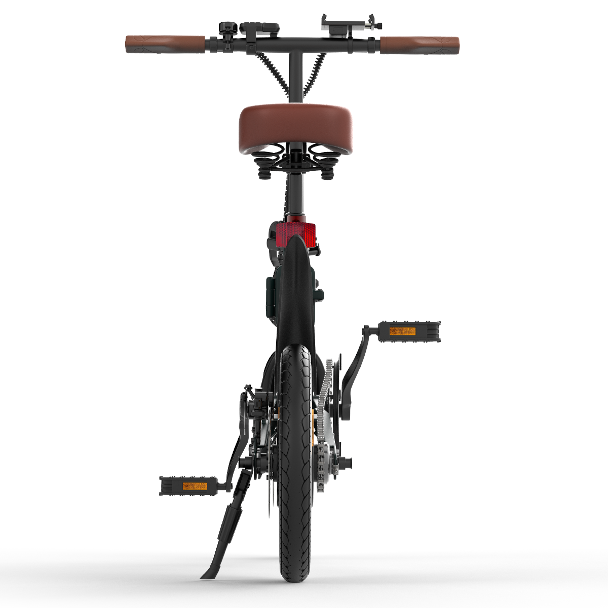 Bicicletta elettrica, vista posteriore, sella e manubrio marroni. Componenti e pedali neri, sfondo bianco.