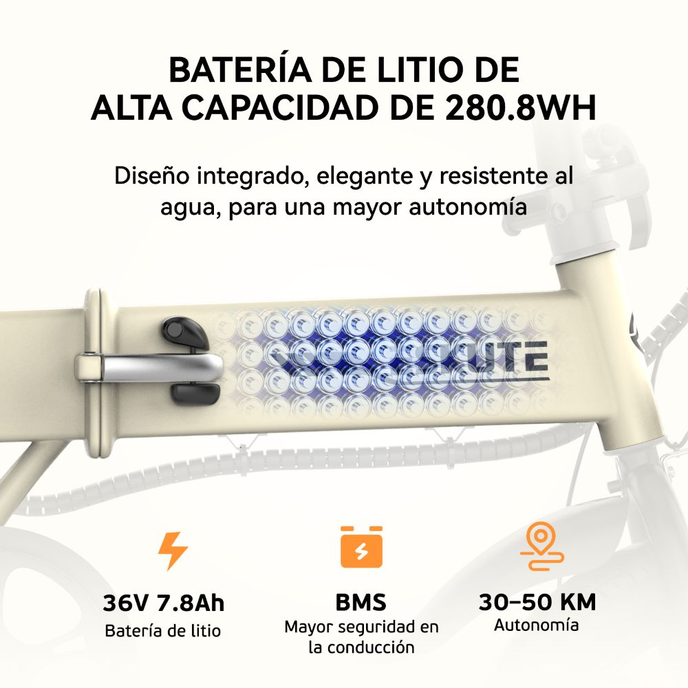 Primo piano con informazioni sulla batteria: 36V 7.8Ah, BMS e autonomia 30-50 KM. Sfondo bianco e beige.