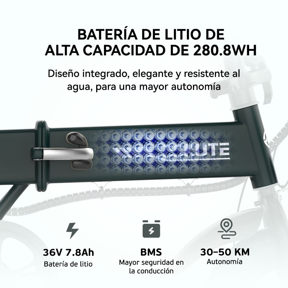 Primo piano con informazioni sulla batteria: 36V 7.8Ah, BMS e autonomia 30-50 KM. Sfondo verde scuro e crema.