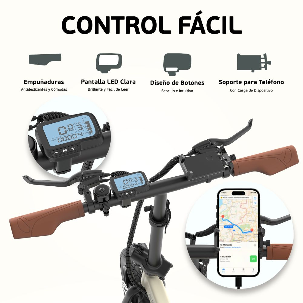 Manubrio della bici con display e supporto per telefono. Impugnature marroni. Un telefono mostra una mappa.