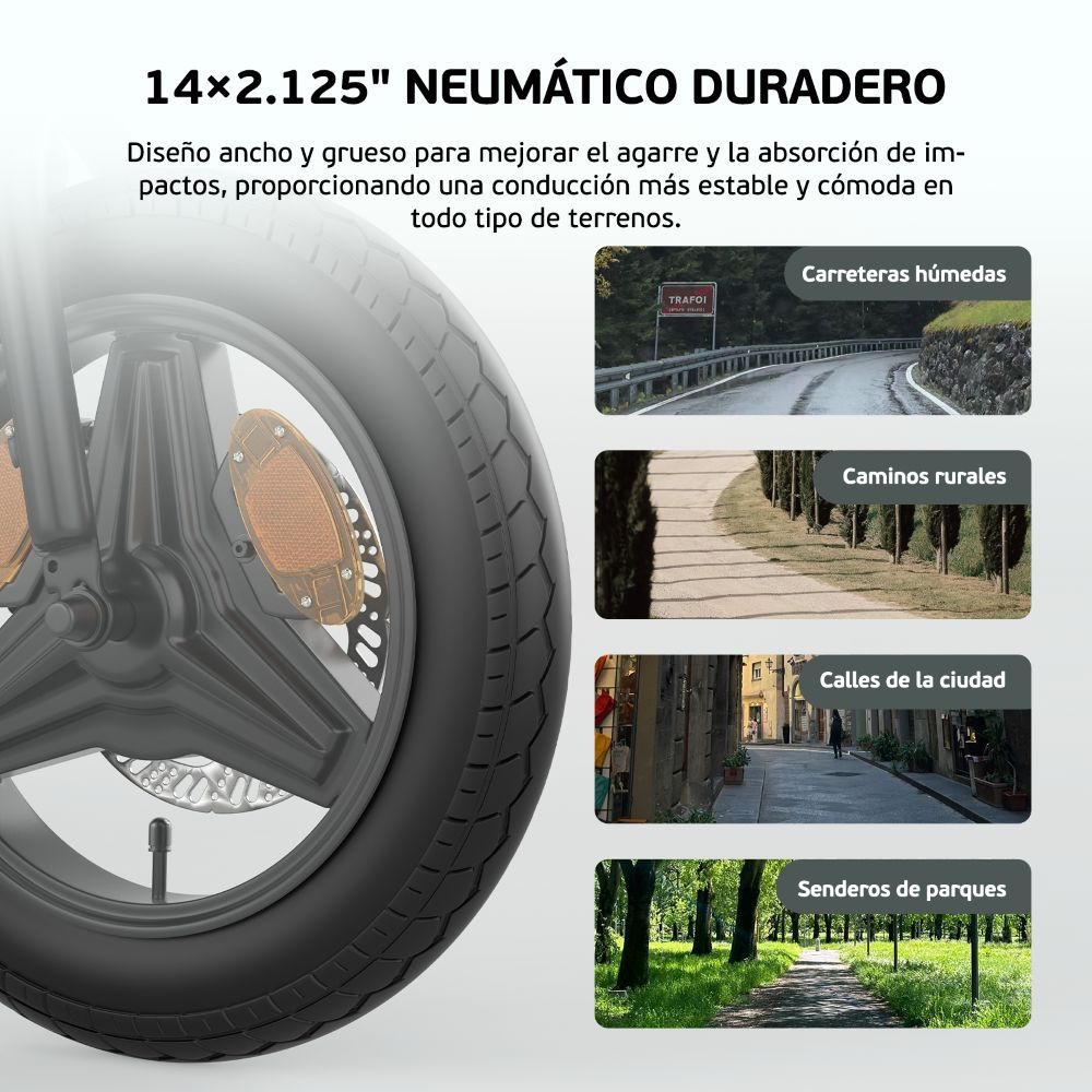 Primo piano di uno pneumatico per bici con illustrazioni dei vari terreni che può affrontare.