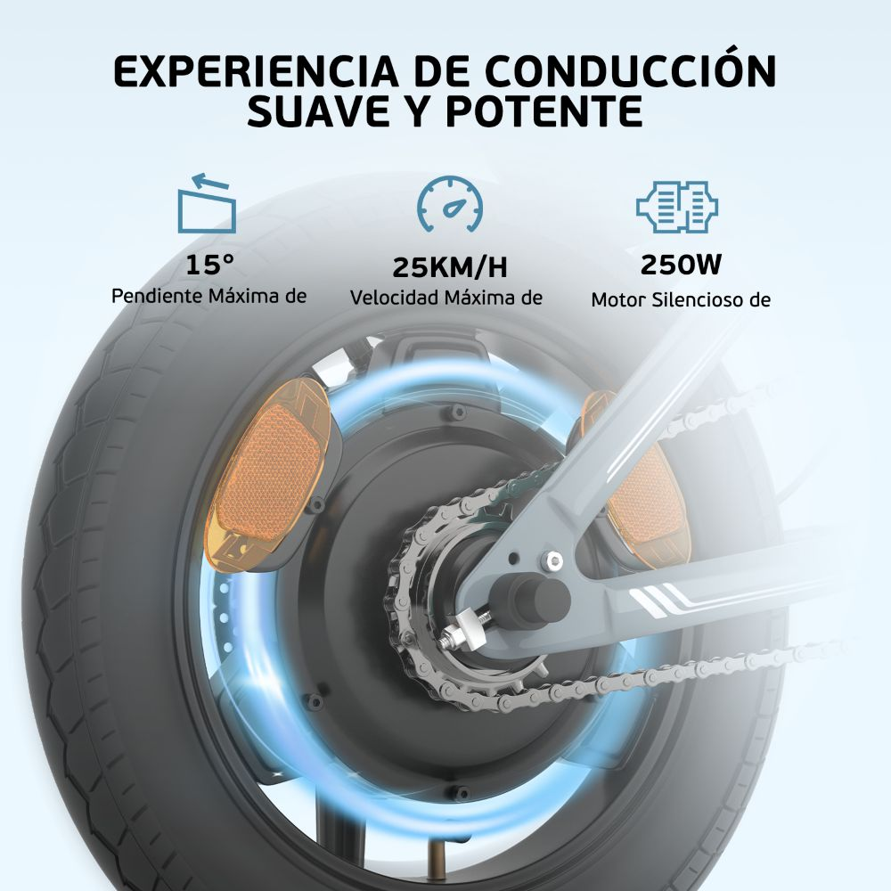 Primer plano de la rueda trasera de una bicicleta, que muestra su motor y mecánica para una conducción suave y potente.