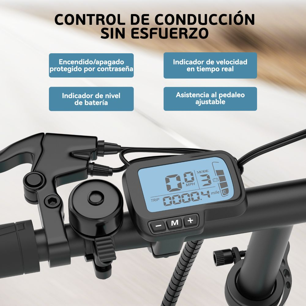 Primer plano de la pantalla digital de una bicicleta, con etiquetas de texto y botones. La bicicleta es negra.