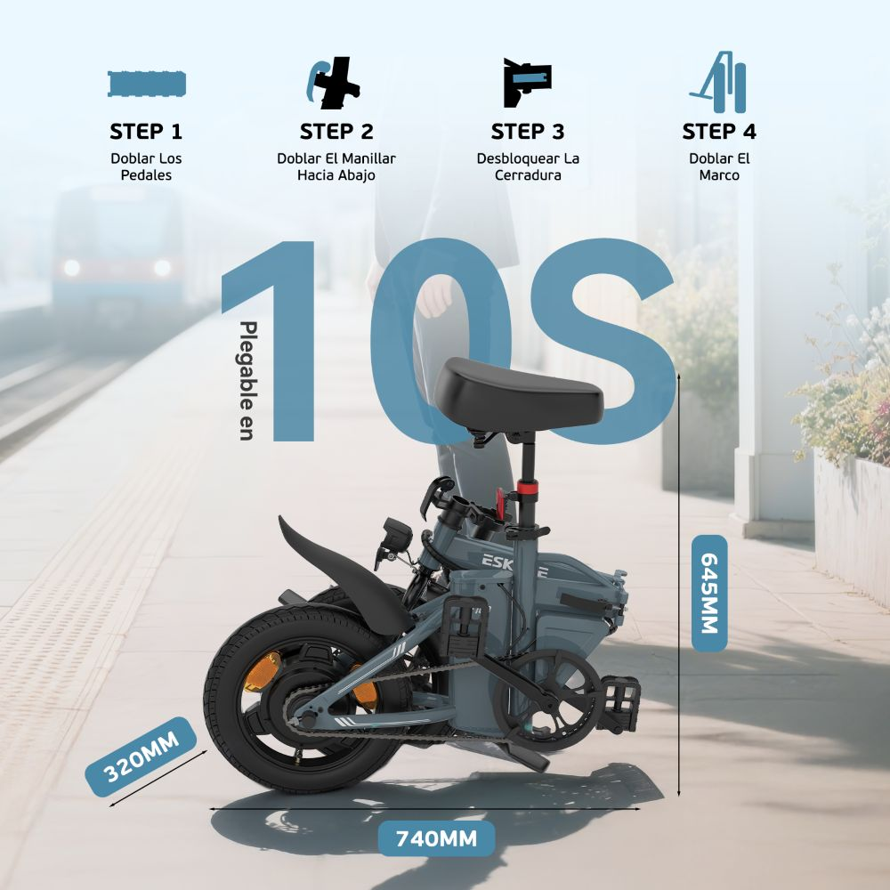 Diagrama que muestra los pasos de plegado de una bicicleta Eskute gris, etiquetado en español.