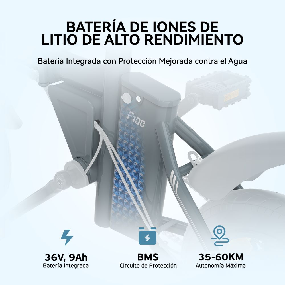 Un primer plano muestra la batería de una e-bike gris, destacando sus características y especificaciones.