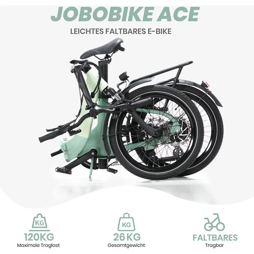 Nahaufnahme eines zusammengeklappten Jobobike Ace mit Text zu Gewicht und Faltbarkeit.