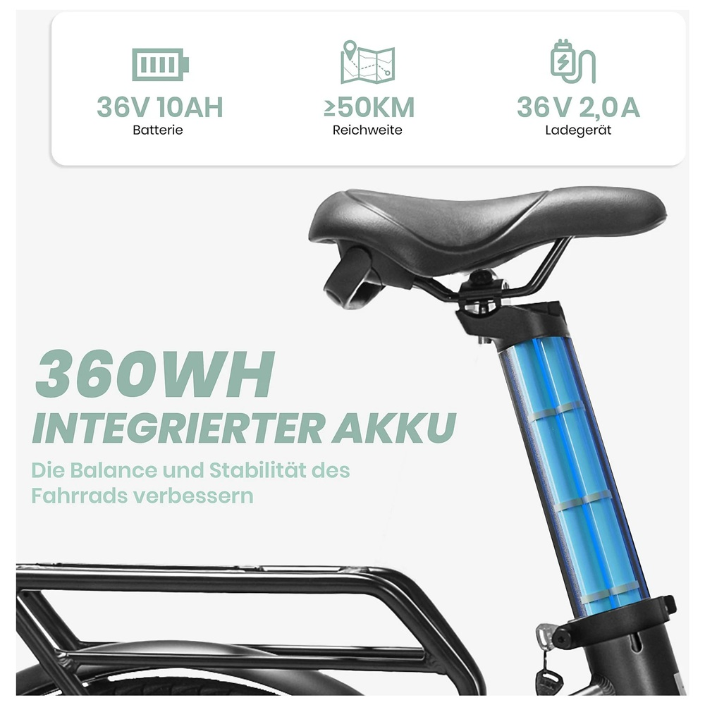 Nahaufnahme eines Fahrradsitzes mit einer Batterie im Rahmen, die Batteriespezifikationen und eine integrierte Batterie zeigt.