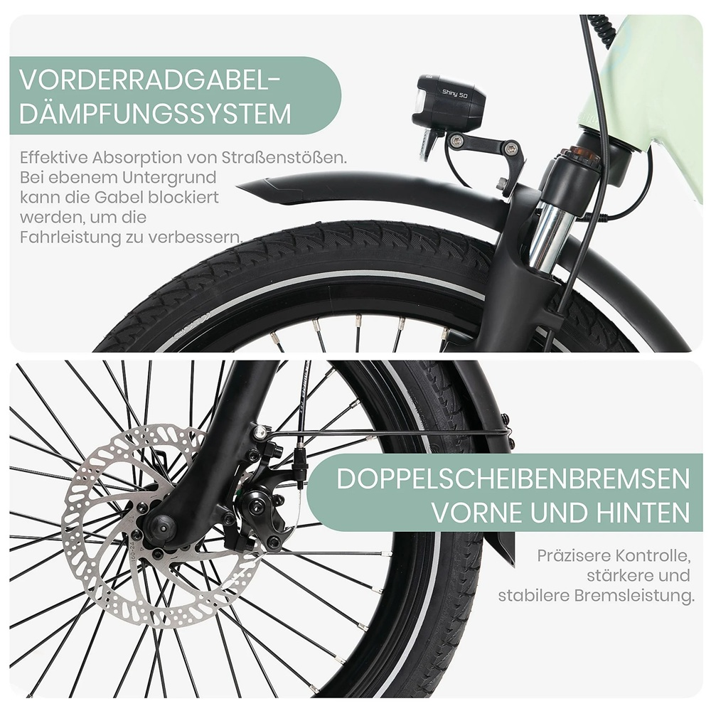 Nahaufnahme der Vorderradaufhängung und der Scheibenbremsen eines Fahrrads, die die Merkmale des Fahrrads hervorhebt.