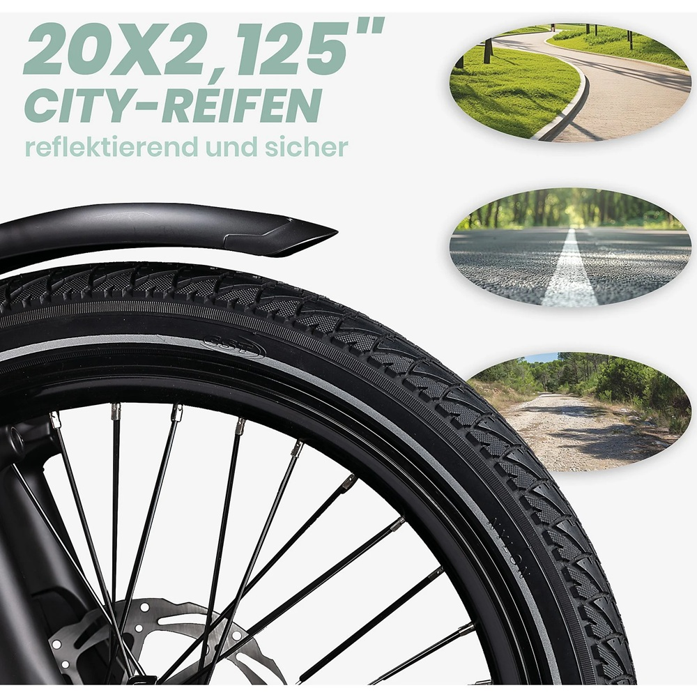 Nahaufnahme eines Fahrradreifens mit Text über City-Reifen und drei eingebetteten Bildern von Trails.